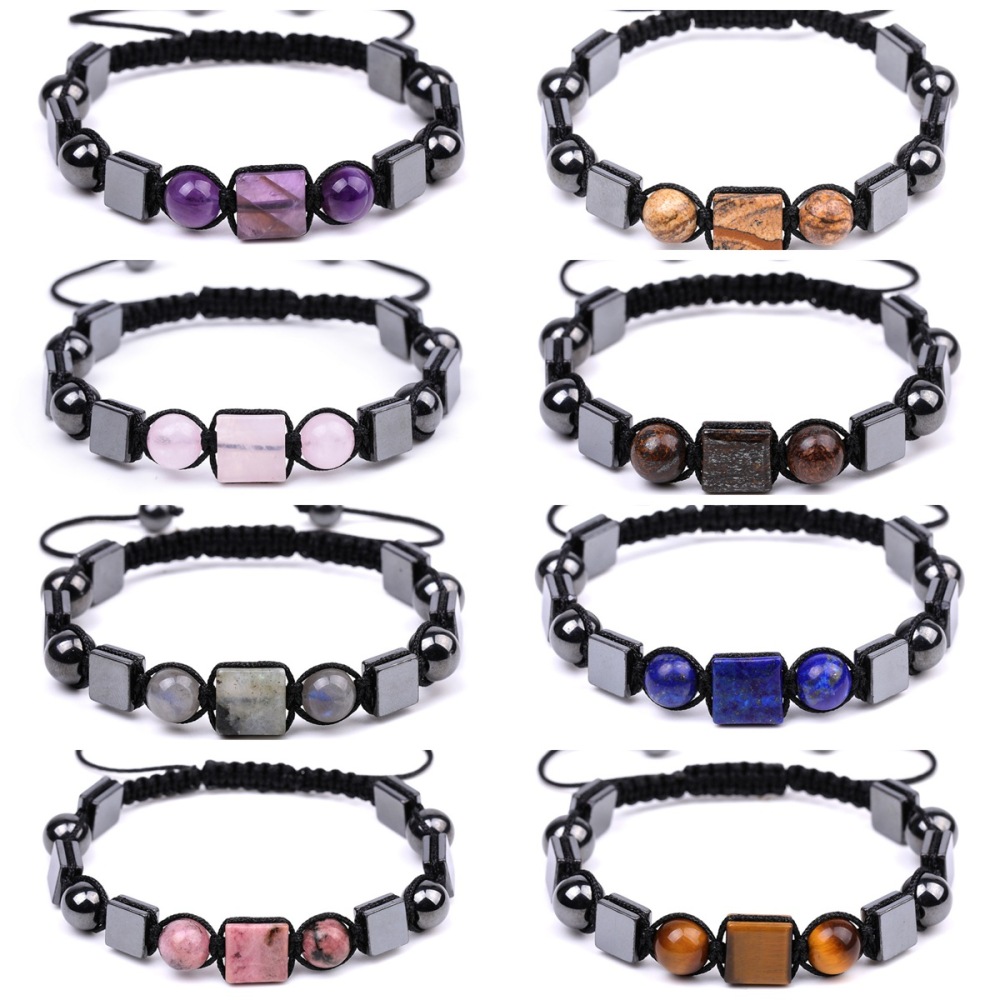 Handmade Woven Gemstone Cube Beads Hematite Bracelets Adjustable  SB2070