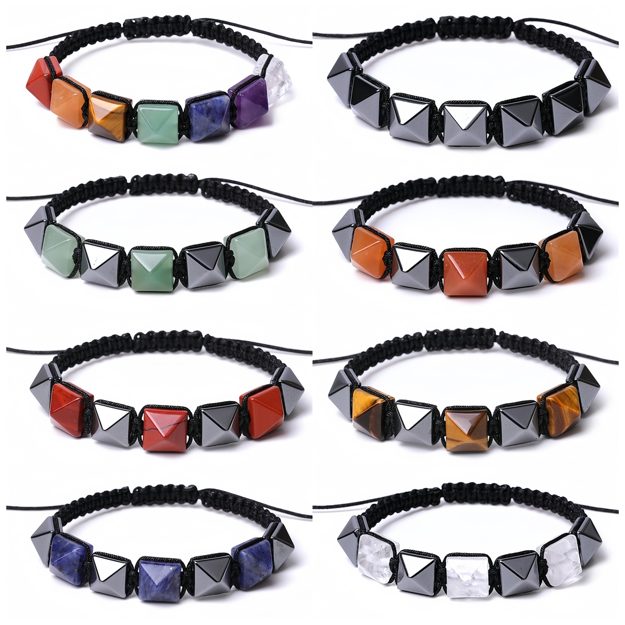 Handmade Woven Gemstone 10X10MM Pyramid Beads Hematite Bracelets Adjustable SB2071