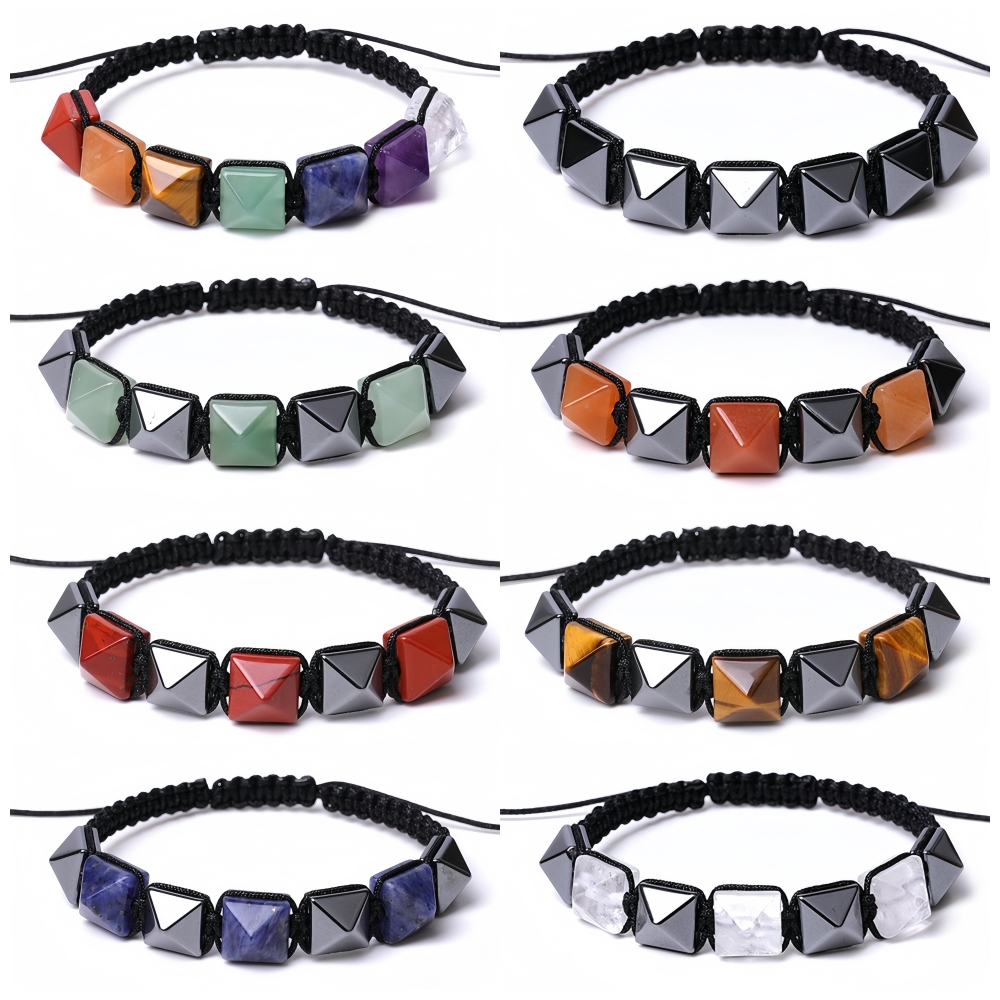 Handmade Woven Gemstone 10X10MM Pyramid Beads Hematite Bracelets Adjustable SB2071