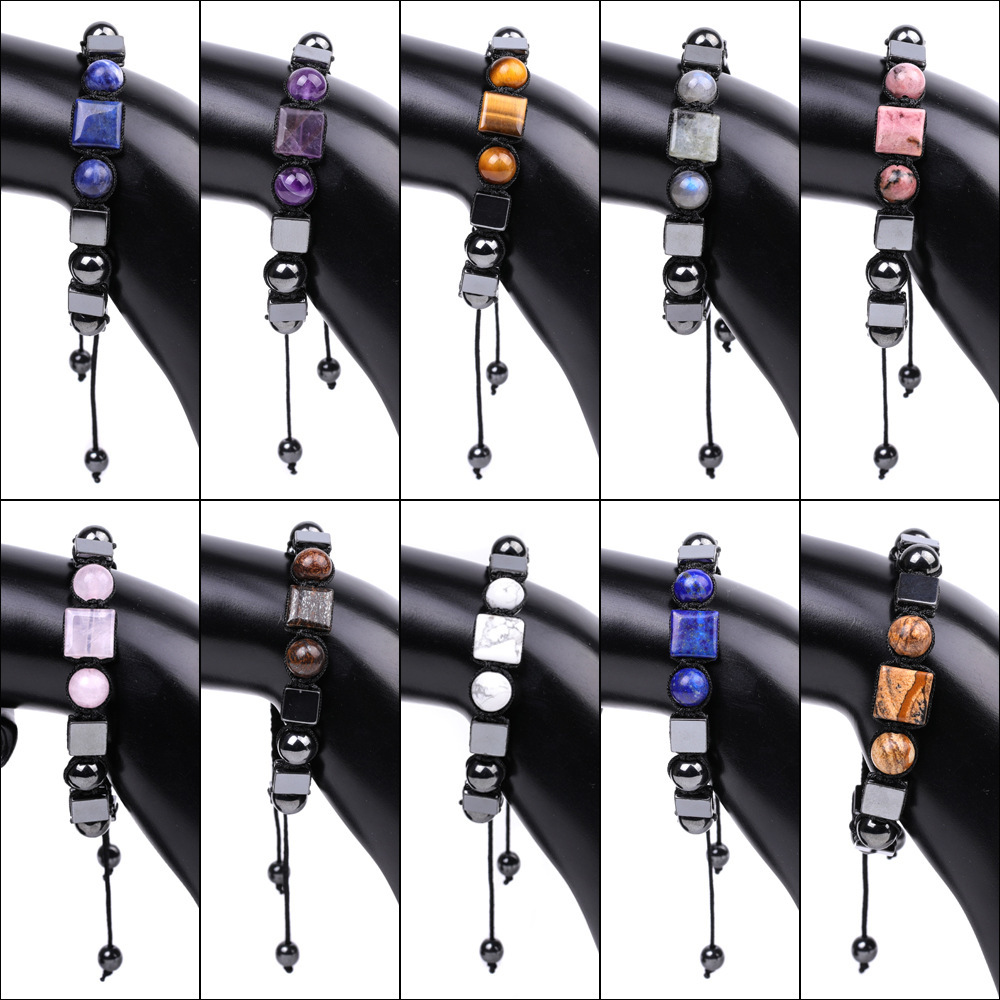 Handmade Woven Gemstone Cube Beads Hematite Bracelets Adjustable  SB2070