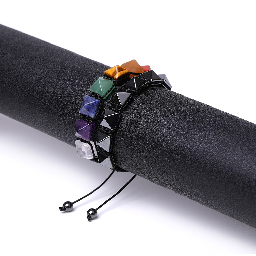Handmade Woven Gemstone 10X10MM Pyramid Beads Hematite Bracelets Adjustable SB2071