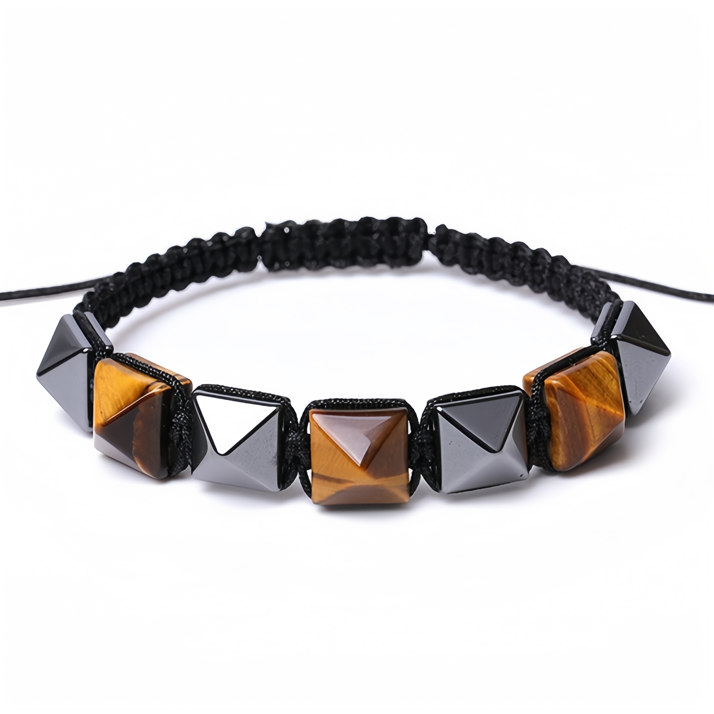 Handmade Woven Gemstone 10X10MM Pyramid Beads Hematite Bracelets Adjustable SB2071