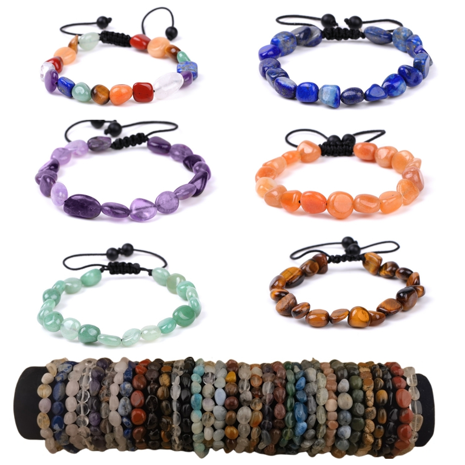 Handmade Woven Tumbled Stone Bracelets Adjustable Healing Chakra Yoga Gemstone Beads 6~9MM  Braided Rope Reiki