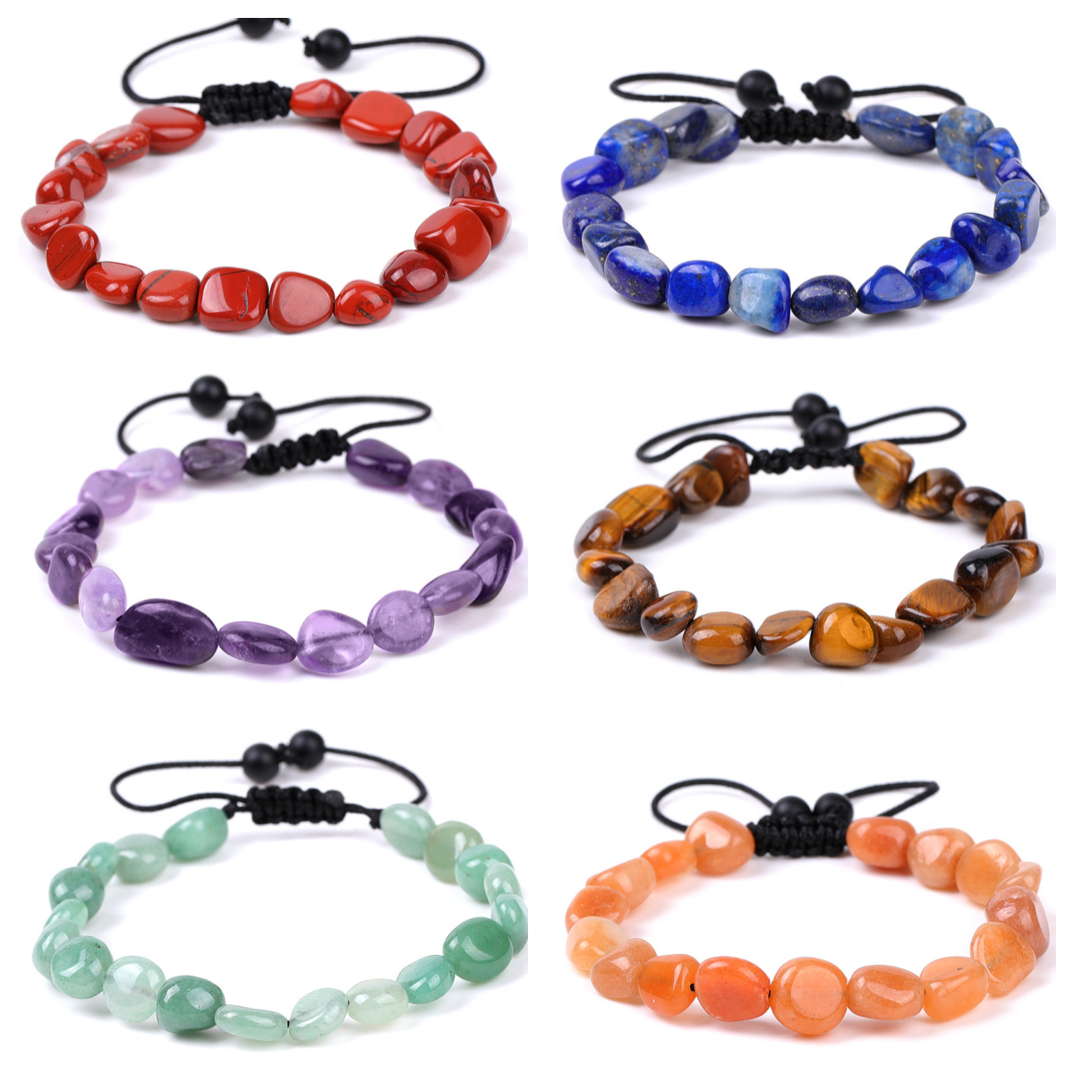 Handmade Woven Tumbled Stone Bracelets Adjustable Healing Chakra Yoga Gemstone Beads 6~9MM  Braided Rope Reiki