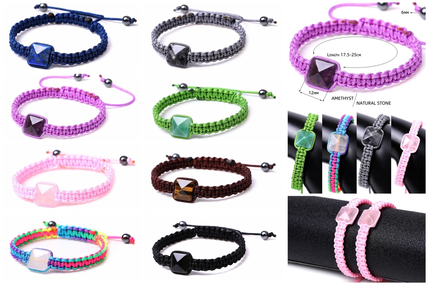 Fashion Adjustable Braided Triangle Cone Pyramid Lapis Lazuli Amethyst Green Aventurine Natural Stone Bracelet-SB1869