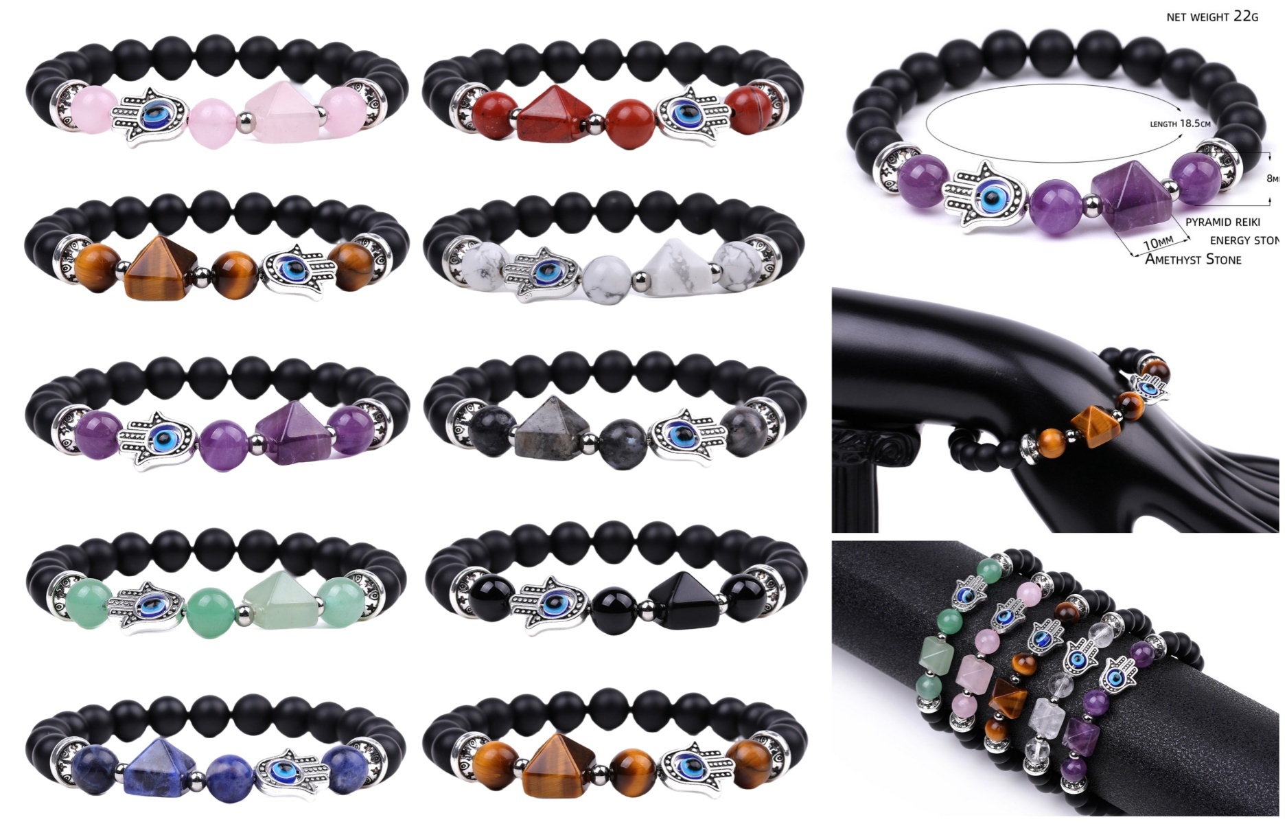 Handmade Amethyst Tiger Eye Black Obsidian Bracelet Natural Quartz Crystal Stone Beaded Hamsa Devil Eye Pyramid Bracelet