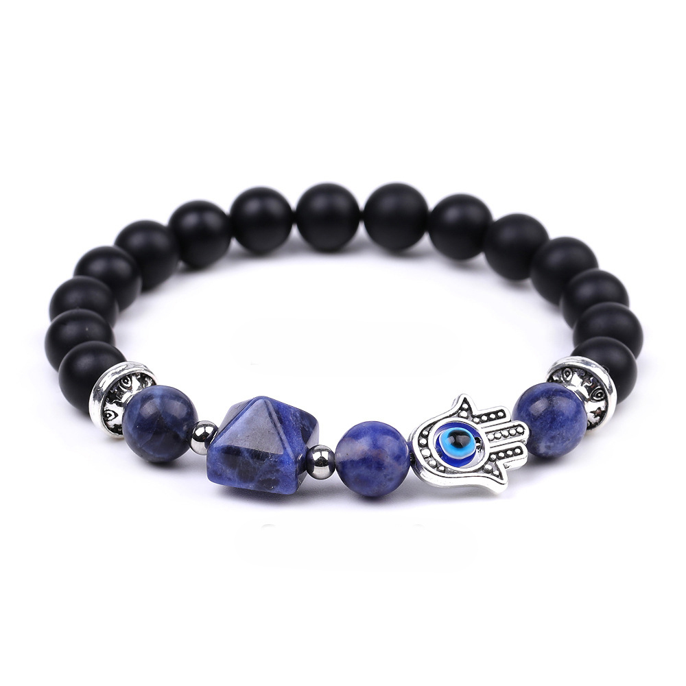 Handmade Amethyst Tiger Eye Black Obsidian Bracelet Natural Quartz Crystal Stone Beaded Hamsa Devil Eye Pyramid Bracelet