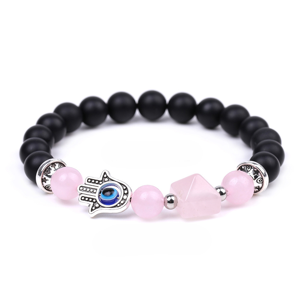 Handmade Amethyst Tiger Eye Black Obsidian Bracelet Natural Quartz Crystal Stone Beaded Hamsa Devil Eye Pyramid Bracelet