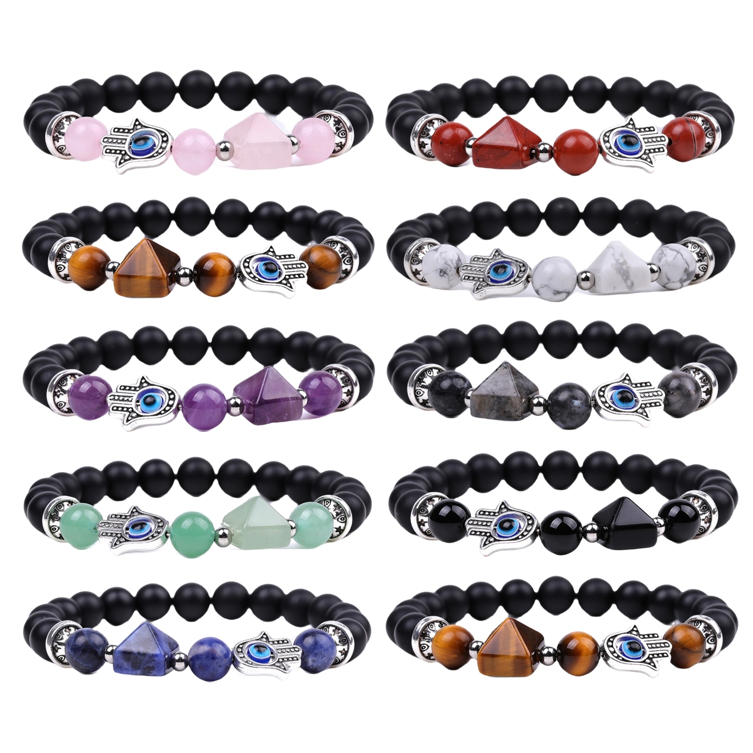 Natural Stone Pyramid Beads Hamsa Evil Eye Stretch Bracelet for Women Men