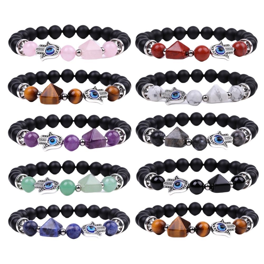 Natural Stone Pyramid Beads Hamsa Evil Eye Stretch Bracelet for Women Men