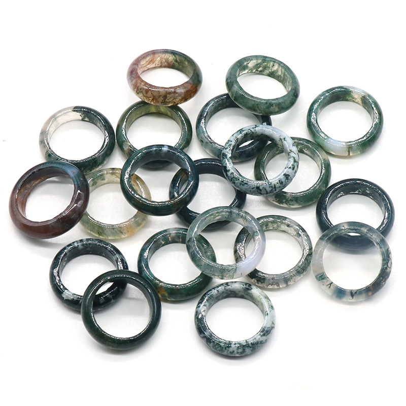 Moss Agate Band Rings 6MM Thickness  Natural Vintage Knuckle Stackable Finger Round Donut Ring for Women Girls