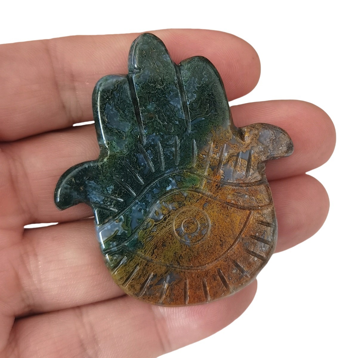 Fancy Jasper Hand of Fatima Gemstone For  Home & Office Decor Handmade Craved Natural Stone Evil Eye Hand 50X57MM Healing Chakra Crystal Yoga Hamsa Blessing