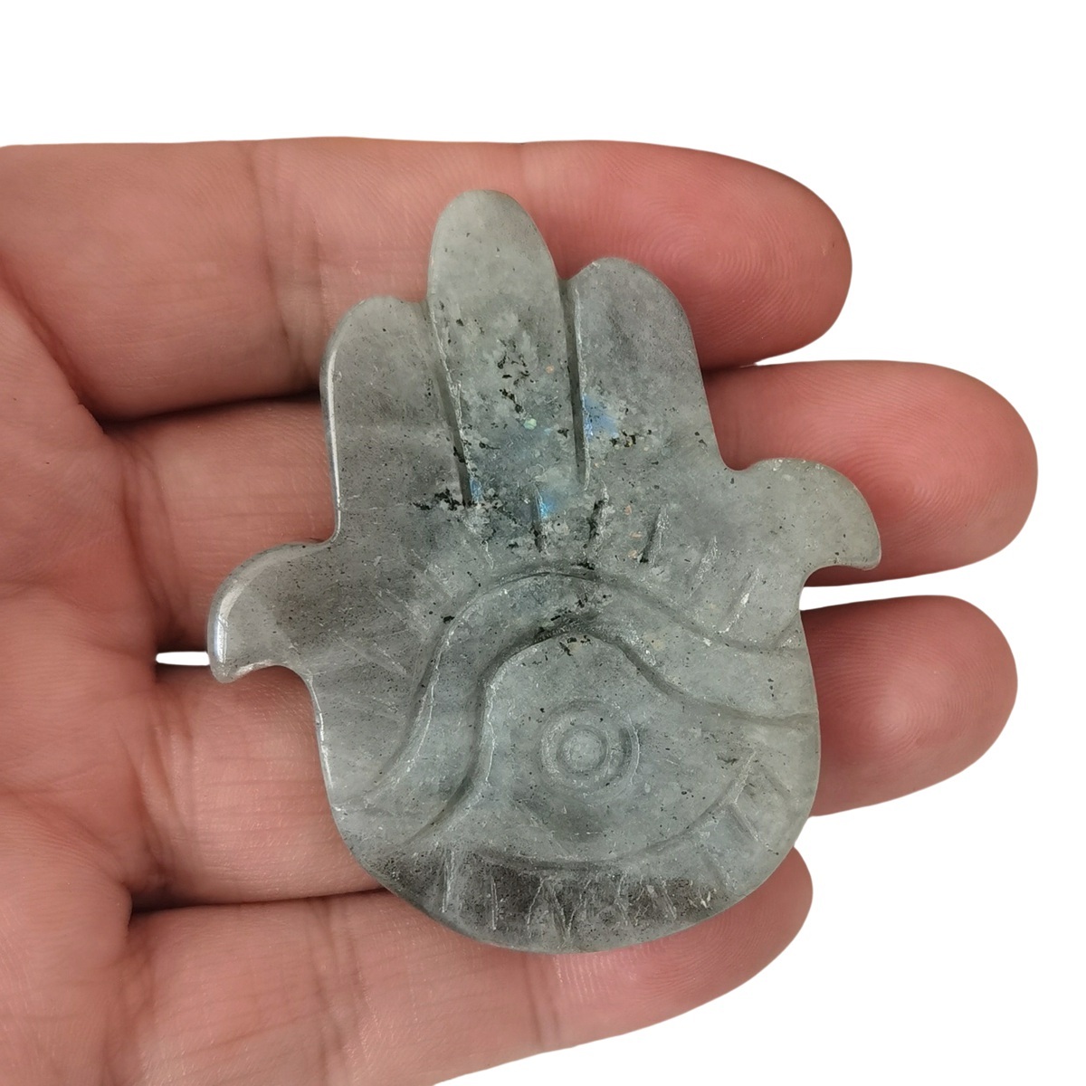 Labradorite Hand of Fatima Gemstone For  Home & Office Decor Handmade Craved Natural Stone Evil Eye Hand 50X57MM Healing Chakra Crystal Yoga Hamsa Blessing