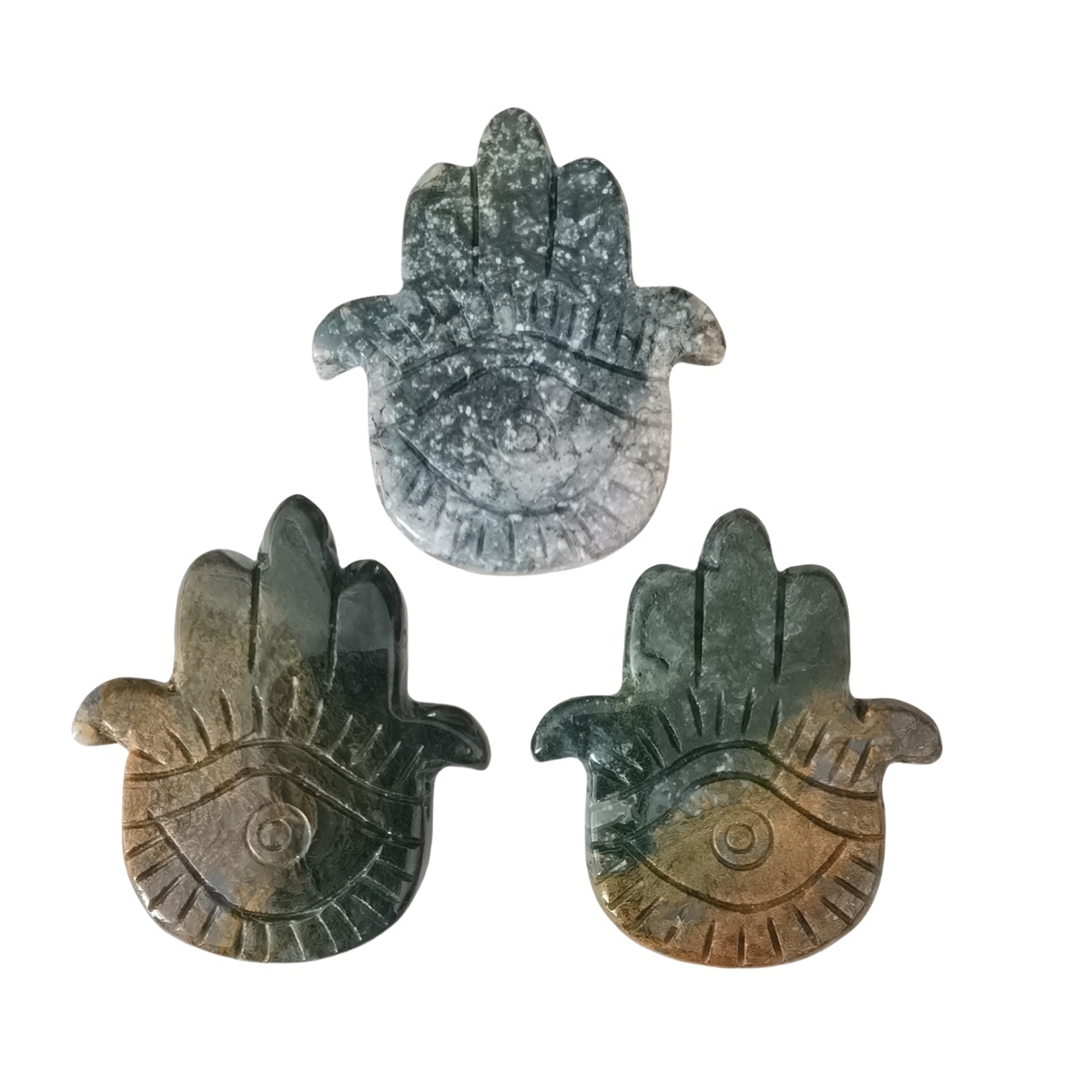 Fancy Jasper Hand of Fatima Gemstone For  Home & Office Decor Handmade Craved Natural Stone Evil Eye Hand 50X57MM Healing Chakra Crystal Yoga Hamsa Blessing
