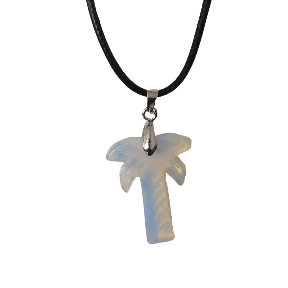 Coconut Tree Stone Pendant Necklace with 45CM Black Cord 20x28mm Hanmade Craved Crystal Life of Tree Plant Jewelry for Women Men