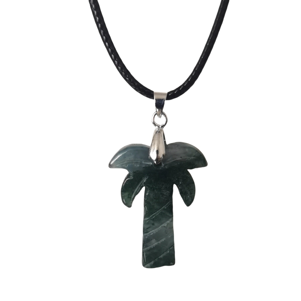 Coconut Tree Stone Pendant Necklace with 45CM Black Cord 20x28mm Hanmade Craved Crystal Life of Tree Plant Jewelry for Women Men