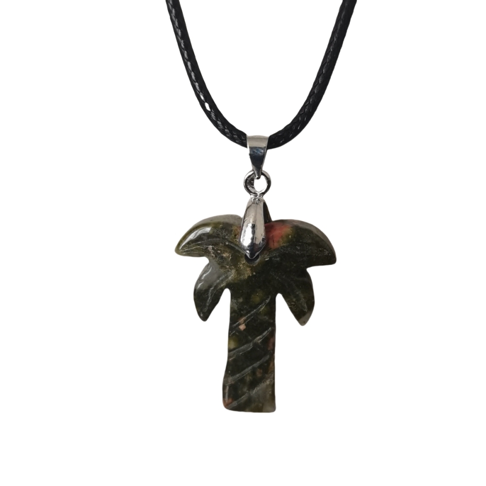 Coconut Tree Stone Pendant Necklace with 45CM Black Cord 20x28mm Hanmade Craved Crystal Life of Tree Plant Jewelry for Women Men