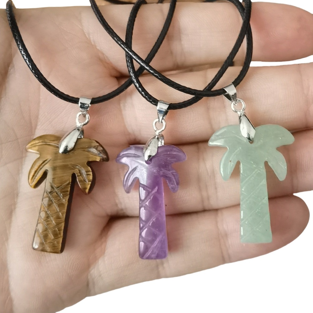 Coconut Tree Stone Pendant Necklace with 45CM Black Cord 20x28mm Hanmade Craved Crystal Life of Tree Plant Jewelry for Women Men