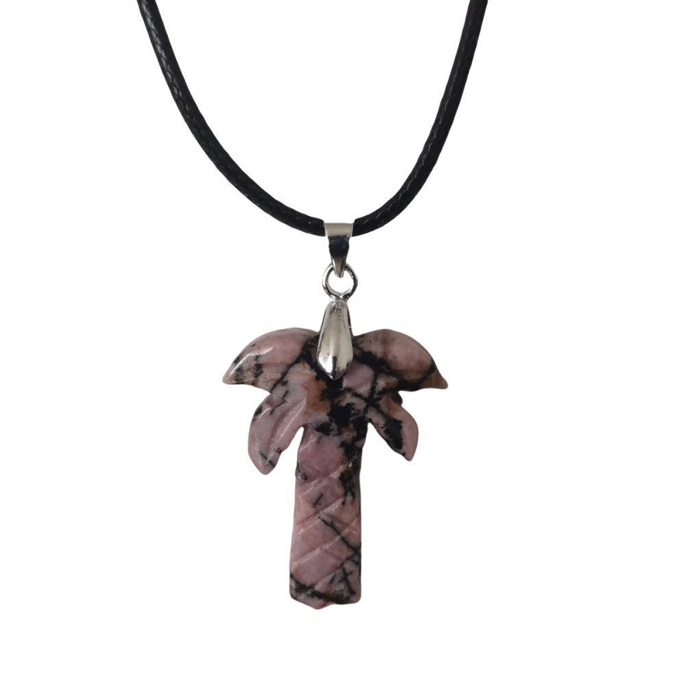 Coconut Tree Stone Pendant Necklace with 45CM Black Cord 20x28mm Hanmade Craved Crystal Life of Tree Plant Jewelry for Women Men