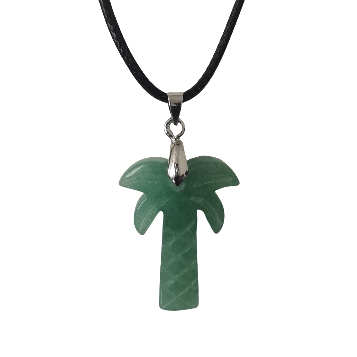 Coconut Tree Stone Pendant Necklace with 45CM Black Cord 20x28mm Hanmade Craved Crystal Life of Tree Plant Jewelry for Women Men