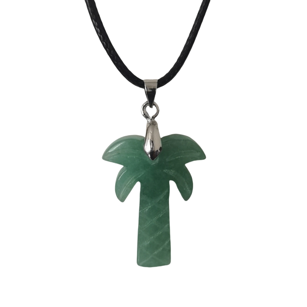 Coconut Tree Stone Pendant Necklace with 45CM Black Cord 20x28mm Hanmade Craved Crystal Life of Tree Plant Jewelry for Women Men