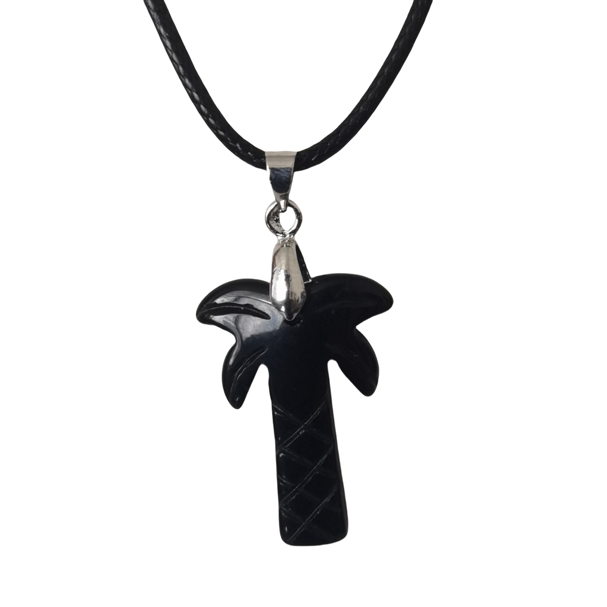 Coconut Tree Stone Pendant Necklace with 45CM Black Cord 20x28mm Hanmade Craved Crystal Life of Tree Plant Jewelry for Women Men