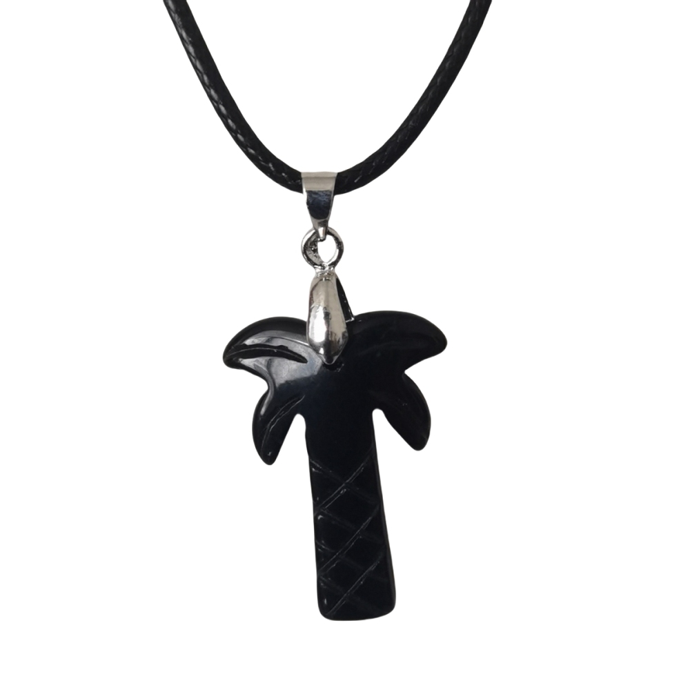 Coconut Tree Stone Pendant Necklace with 45CM Black Cord 20x28mm Hanmade Craved Crystal Life of Tree Plant Jewelry for Women Men