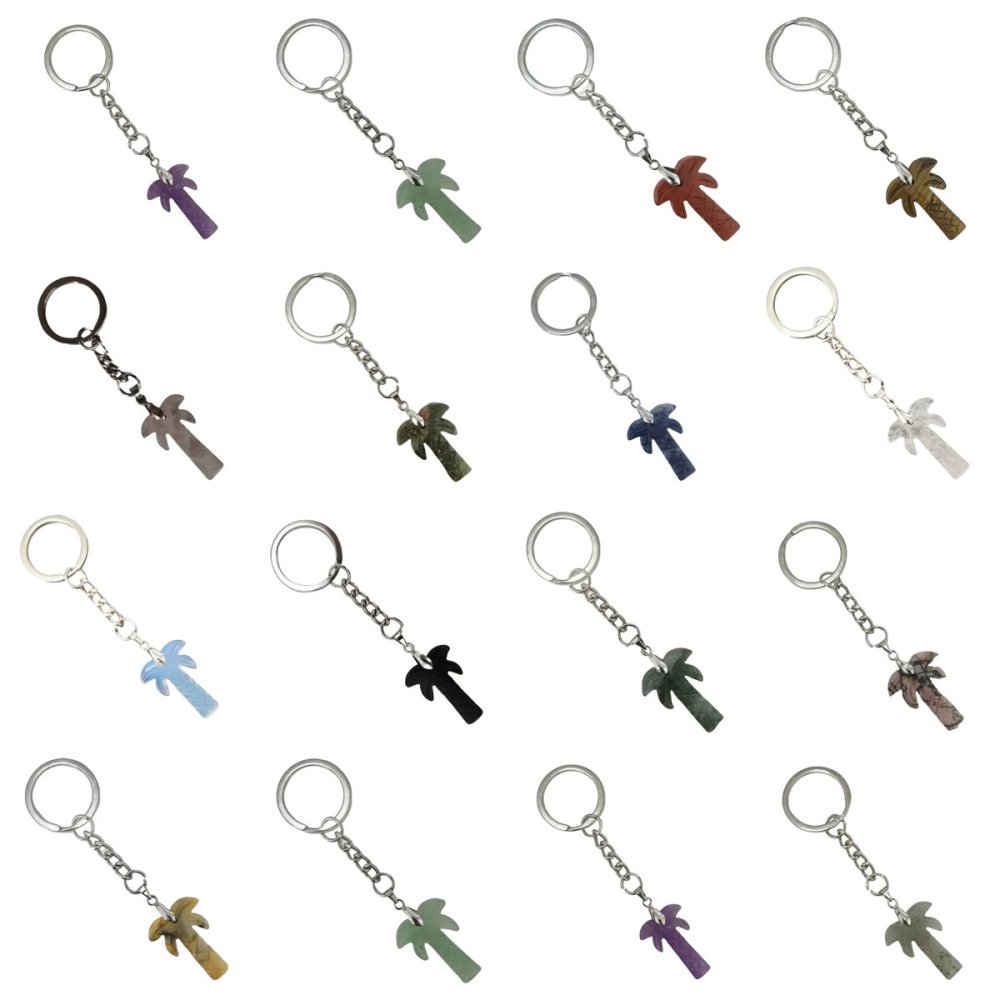 Coconut Tree Stone Pendant Keychain hanmade Craved Crystal Life of Tree Plant Keyring