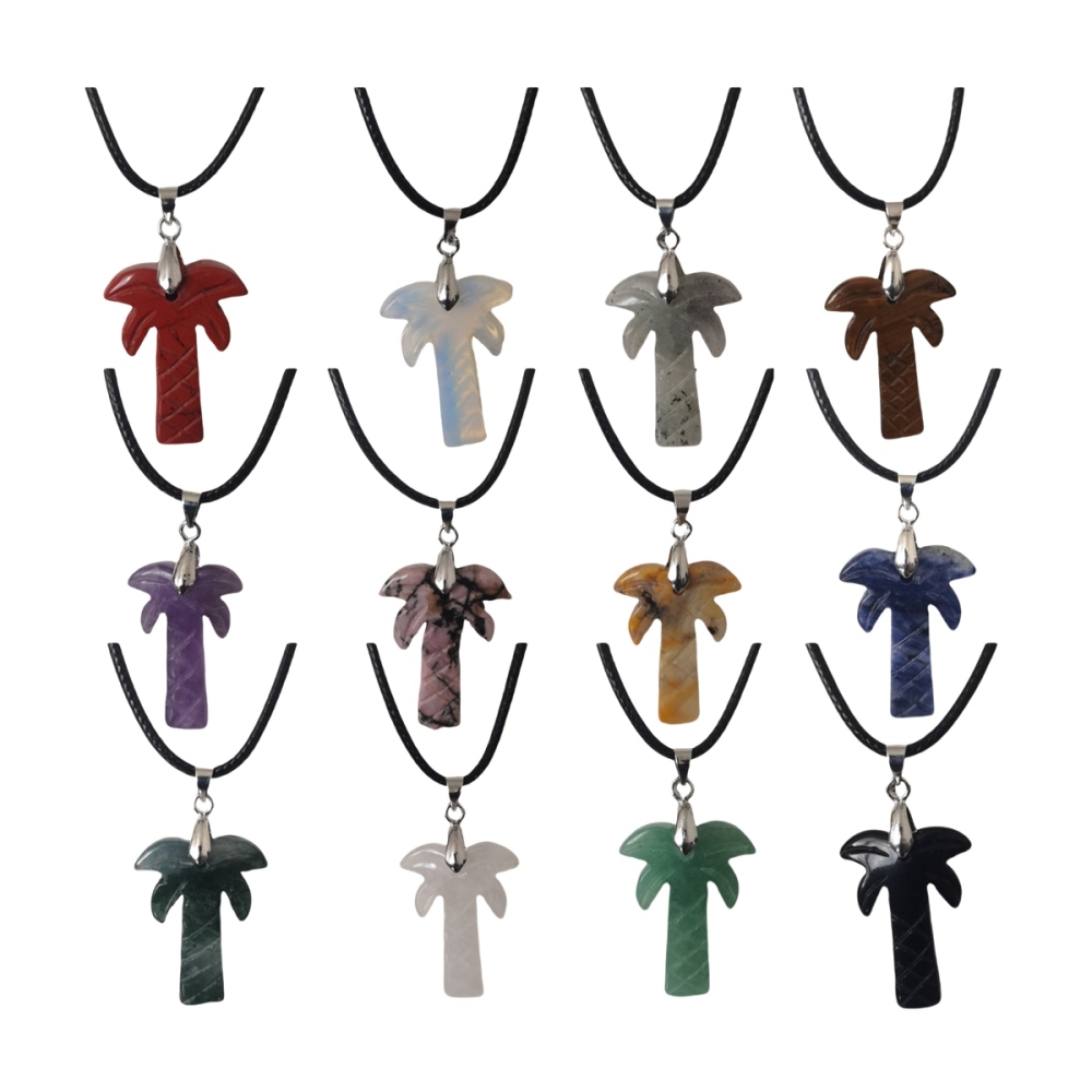 Coconut Tree Stone Pendant Necklace with 45CM Black Cord 20x28mm Hanmade Craved Crystal Life of Tree Plant Jewelry for Women Men