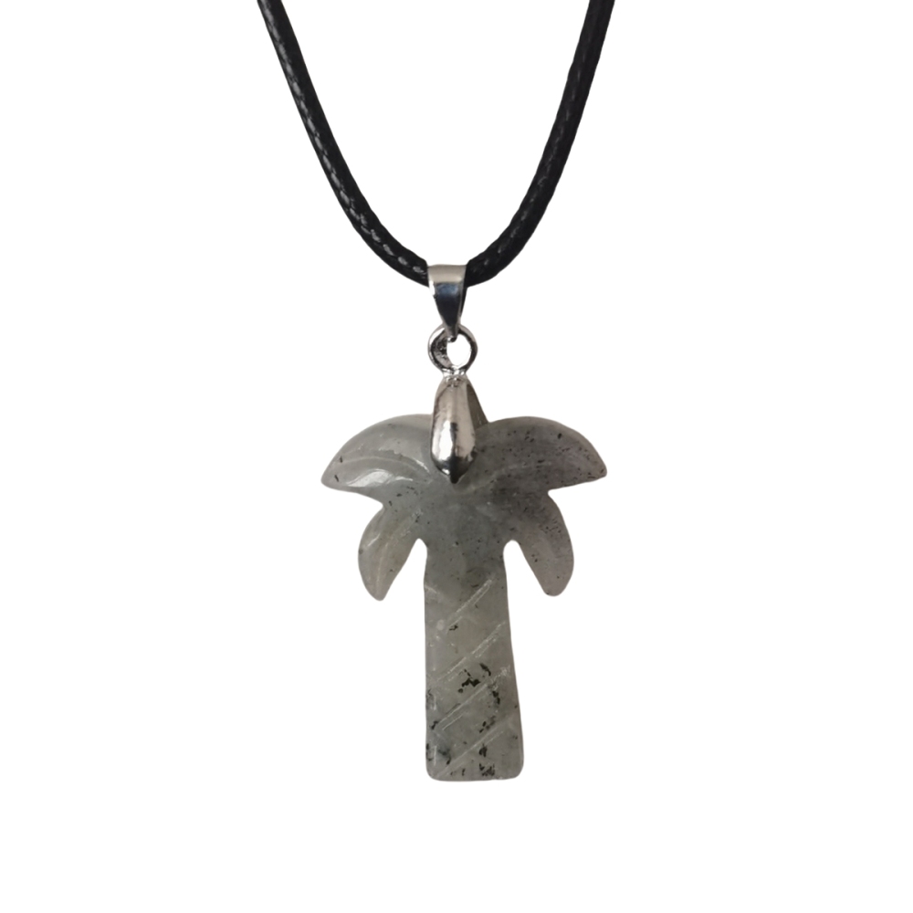 Coconut Tree Stone Pendant Necklace with 45CM Black Cord 20x28mm Hanmade Craved Crystal Life of Tree Plant Jewelry for Women Men
