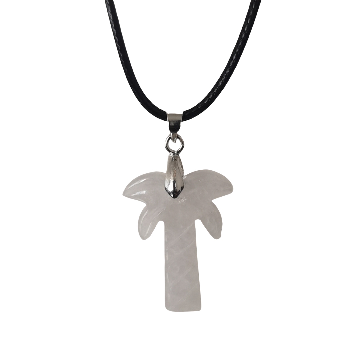 Coconut Tree Stone Pendant Necklace with 45CM Black Cord 20x28mm Hanmade Craved Crystal Life of Tree Plant Jewelry for Women Men