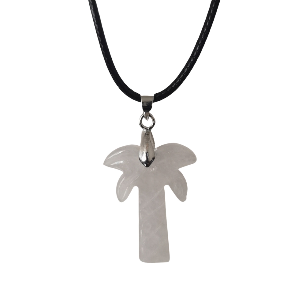 Coconut Tree Stone Pendant Necklace with 45CM Black Cord 20x28mm Hanmade Craved Crystal Life of Tree Plant Jewelry for Women Men