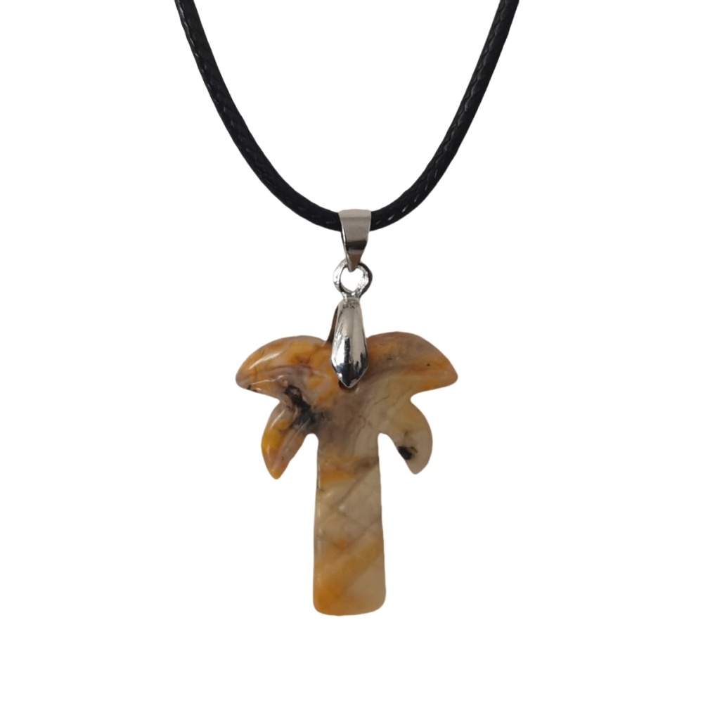 Coconut Tree Stone Pendant Necklace with 45CM Black Cord 20x28mm Hanmade Craved Crystal Life of Tree Plant Jewelry for Women Men