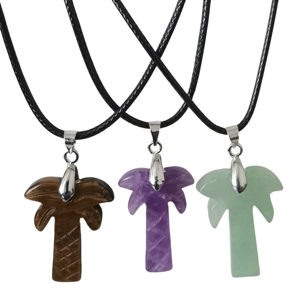Coconut Tree Stone Pendant Necklace with 45CM Black Cord 20x28mm Hanmade Craved Crystal Life of Tree Plant Jewelry for Women Men