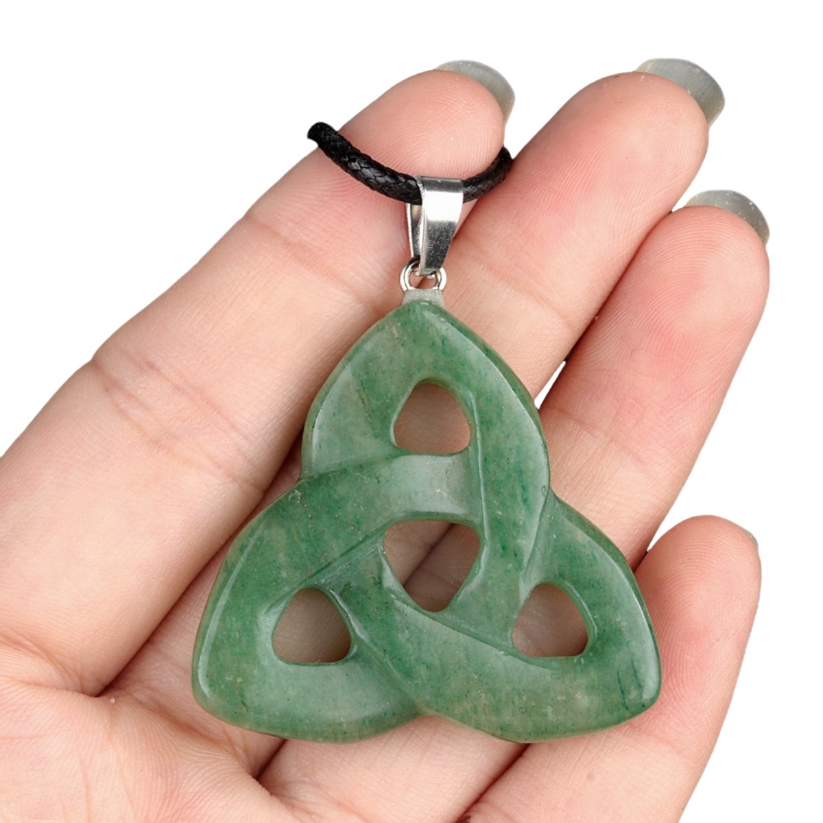 Green Aventurine Irish Celtic Knot Pendant Handmade Craved 38MM Hollowed Triangle Gemstone Necklace Jewelry Home Decor
