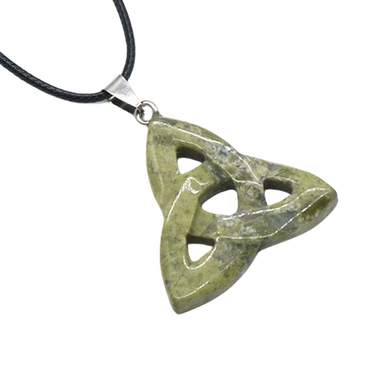 Unakite Jasper Irish Celtic Knot Pendant Handmade Craved 38MM Hollowed Triangle Gemstone Necklace Jewelry Home Decor