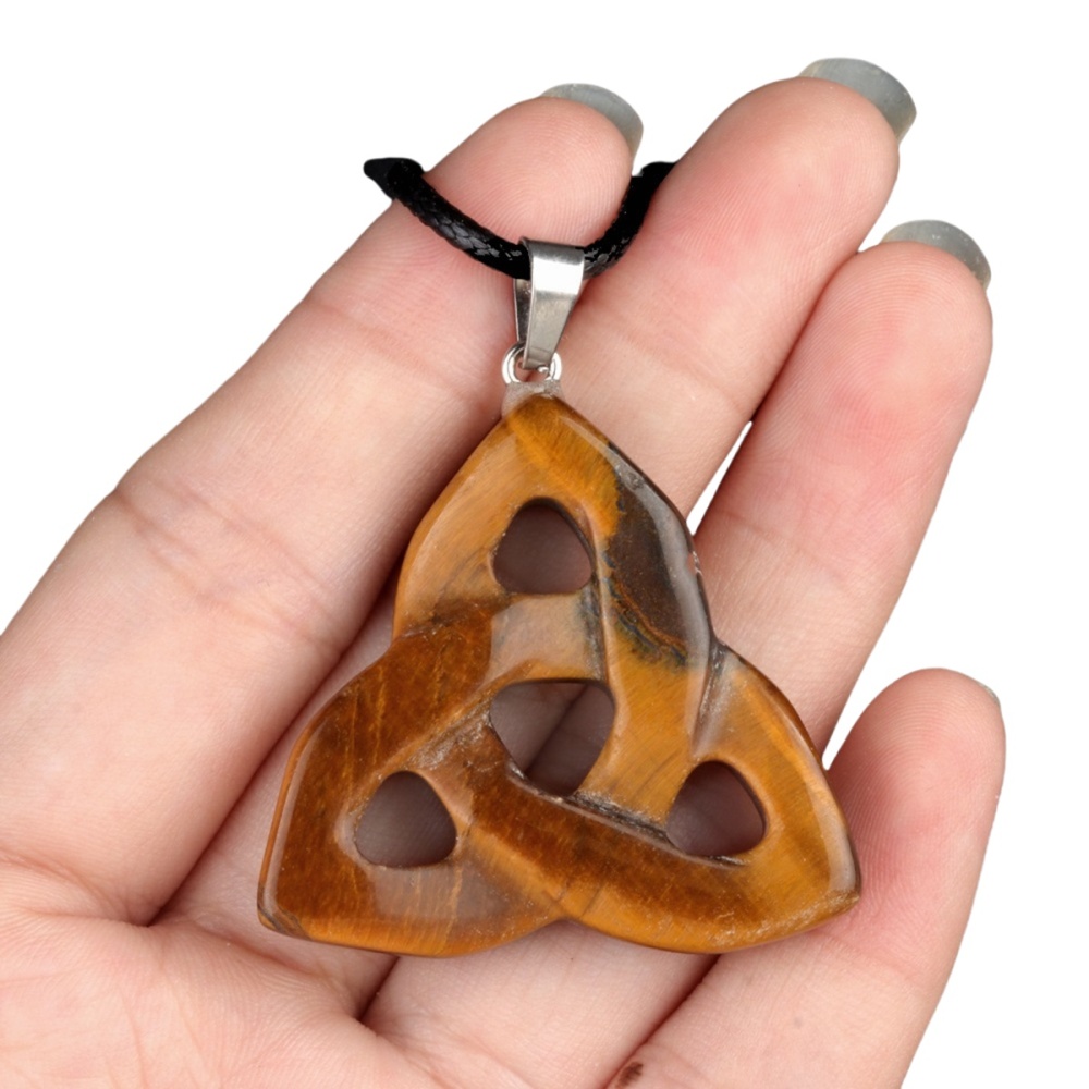 Yellow Tiger Eye Stone Irish Celtic Knot Pendant Handmade Craved 38MM Hollowed Triangle Gemstone Necklace Jewelry Home Decor