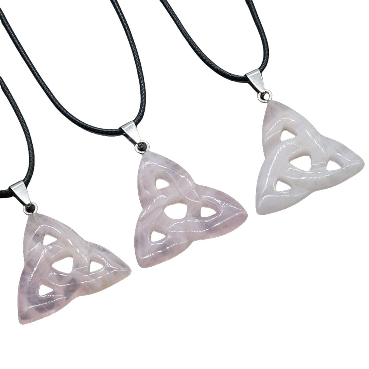 Rose Quartz Irish Celtic Knot Pendant Handmade Craved 38MM Hollowed Triangle Gemstone Necklace Jewelry Home Decor