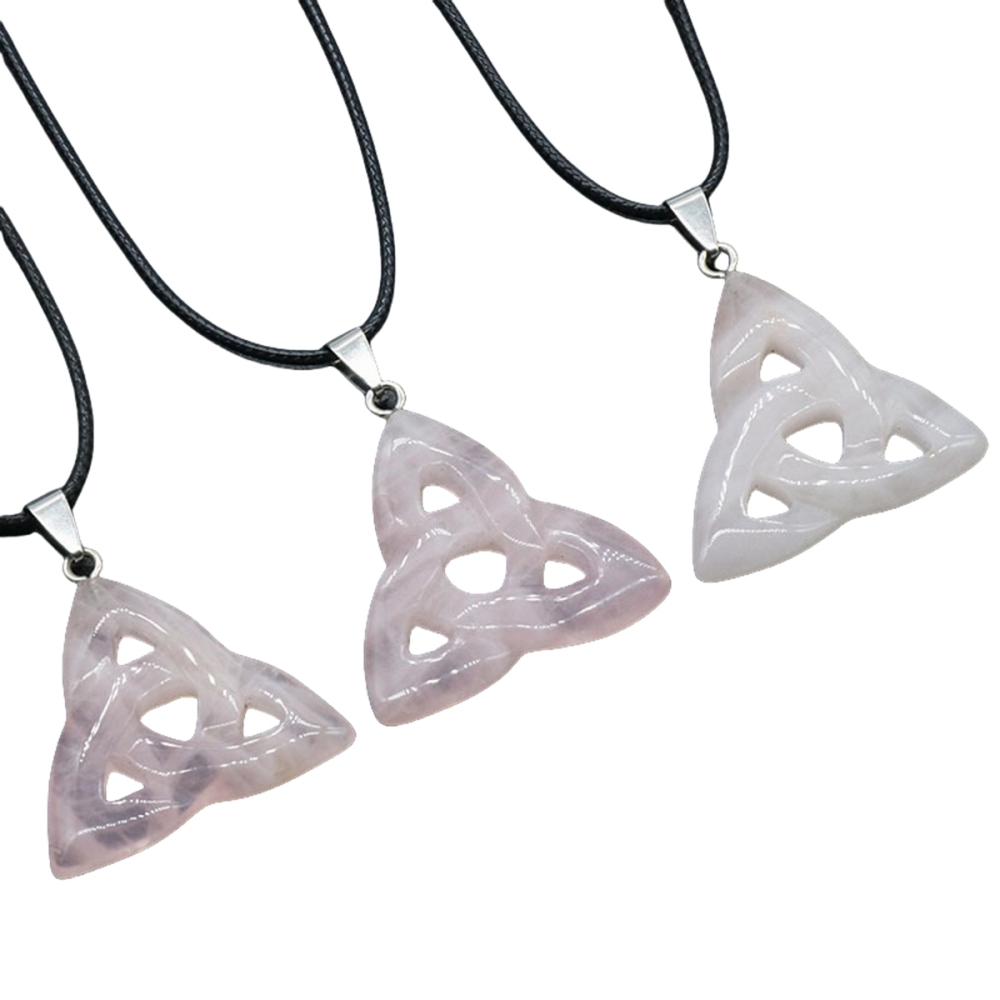 Rose Quartz Irish Celtic Knot Pendant Handmade Craved 38MM Hollowed Triangle Gemstone Necklace Jewelry Home Decor