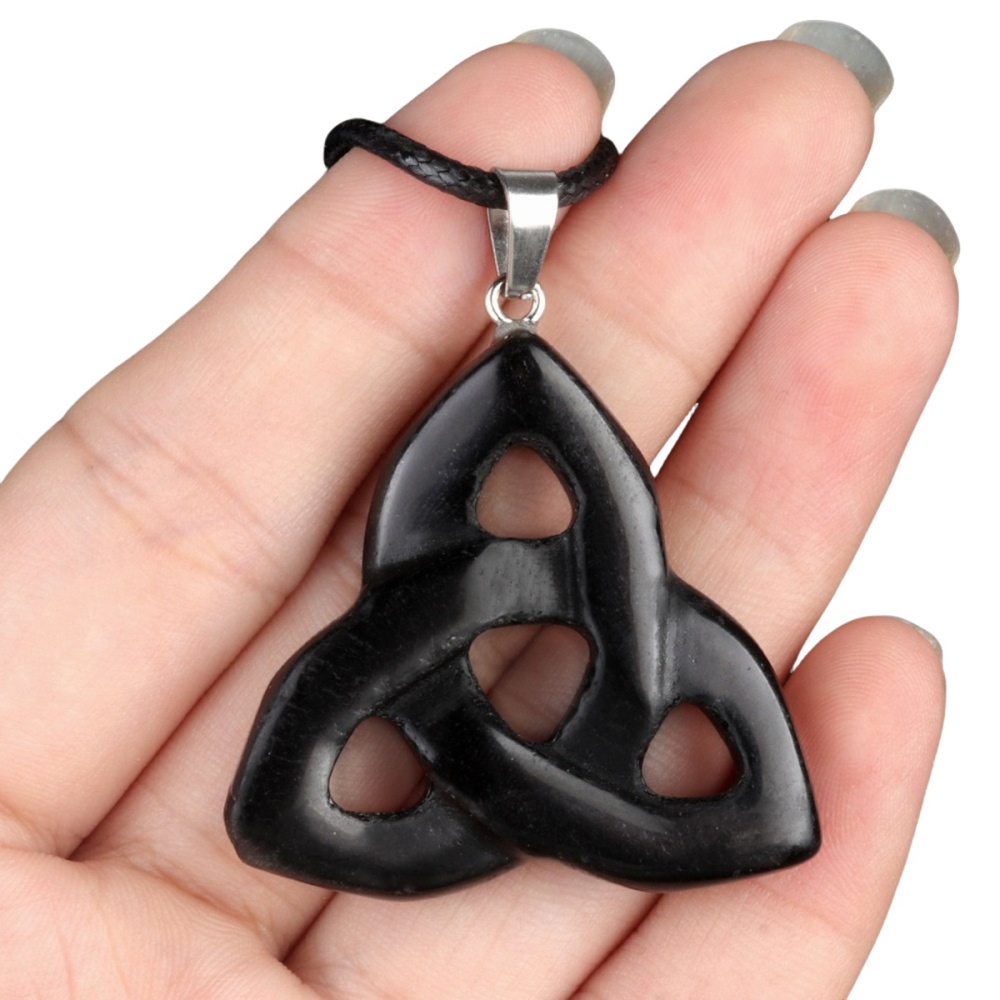 Black Onyx Irish Celtic Knot Pendant Handmade Craved 38MM Hollowed Triangle Gemstone Necklace Jewelry Home Decor