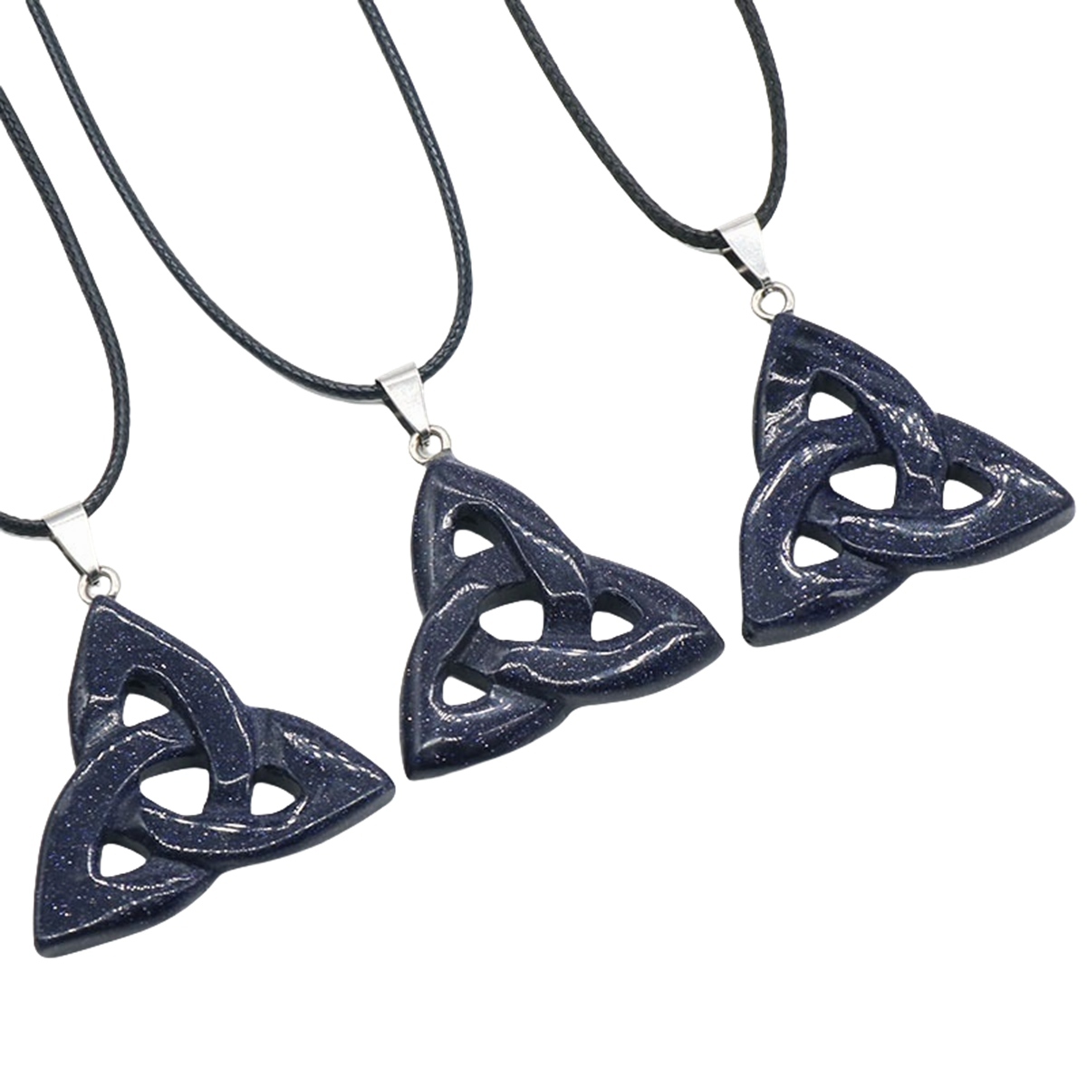 Blue Sandstone Irish Celtic Knot Pendant Handmade Craved 38MM Hollowed Triangle Gemstone Necklace Jewelry Home Decor