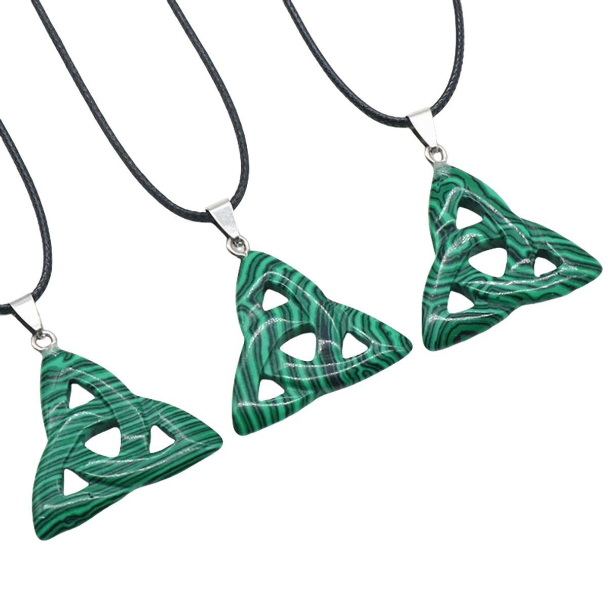 Malachite Irish Celtic Knot Pendant Handmade Craved 38MM Hollowed Triangle Gemstone Necklace Jewelry Home Decor