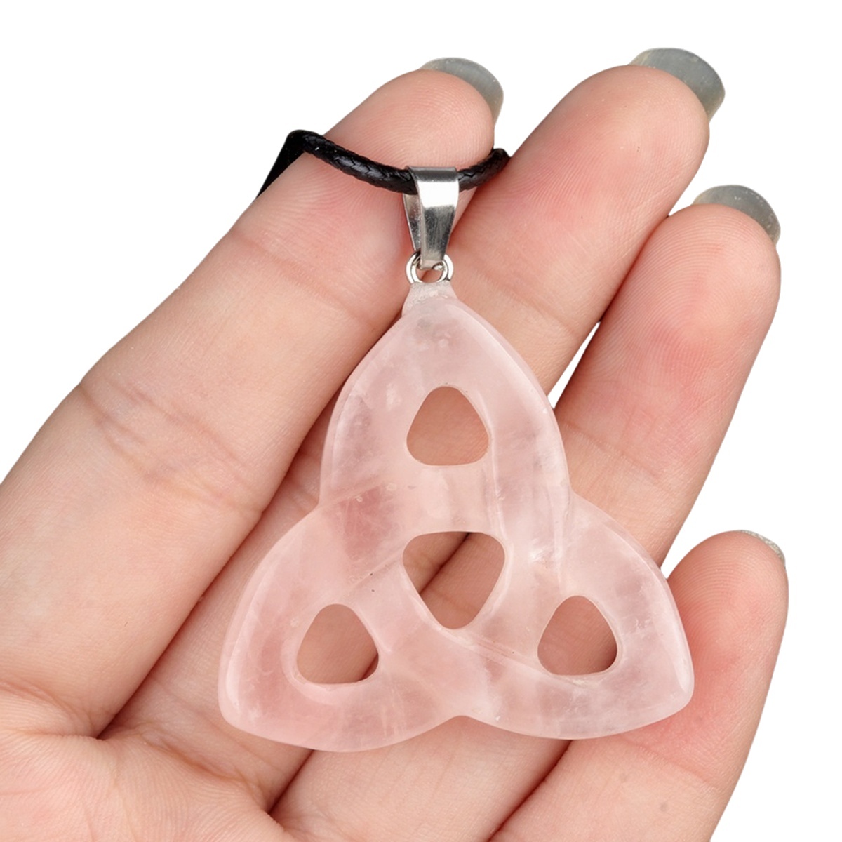 Rose Quartz Irish Celtic Knot Pendant Handmade Craved 38MM Hollowed Triangle Gemstone Necklace Jewelry Home Decor