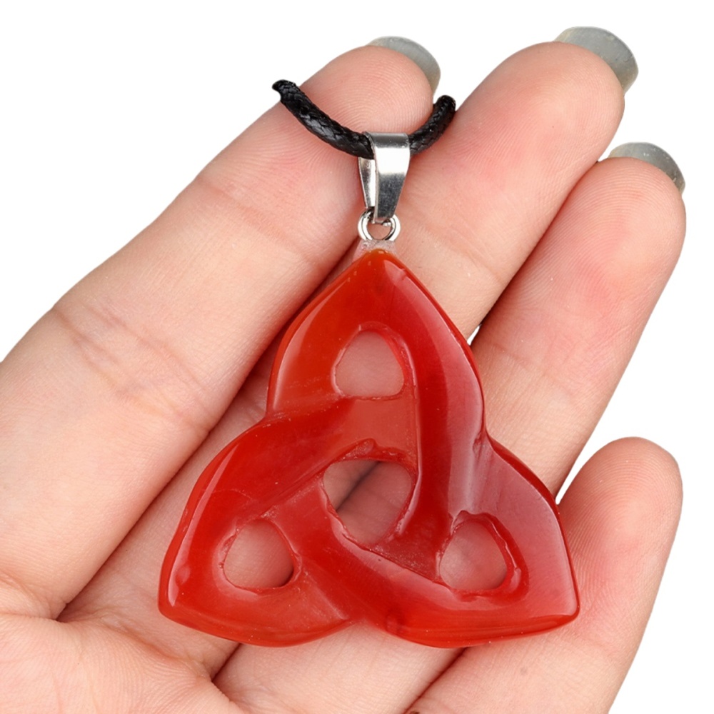 Red Carnelian Irish Celtic Knot Pendant Handmade Craved 38MM Hollowed Triangle Gemstone Necklace Jewelry Home Decor