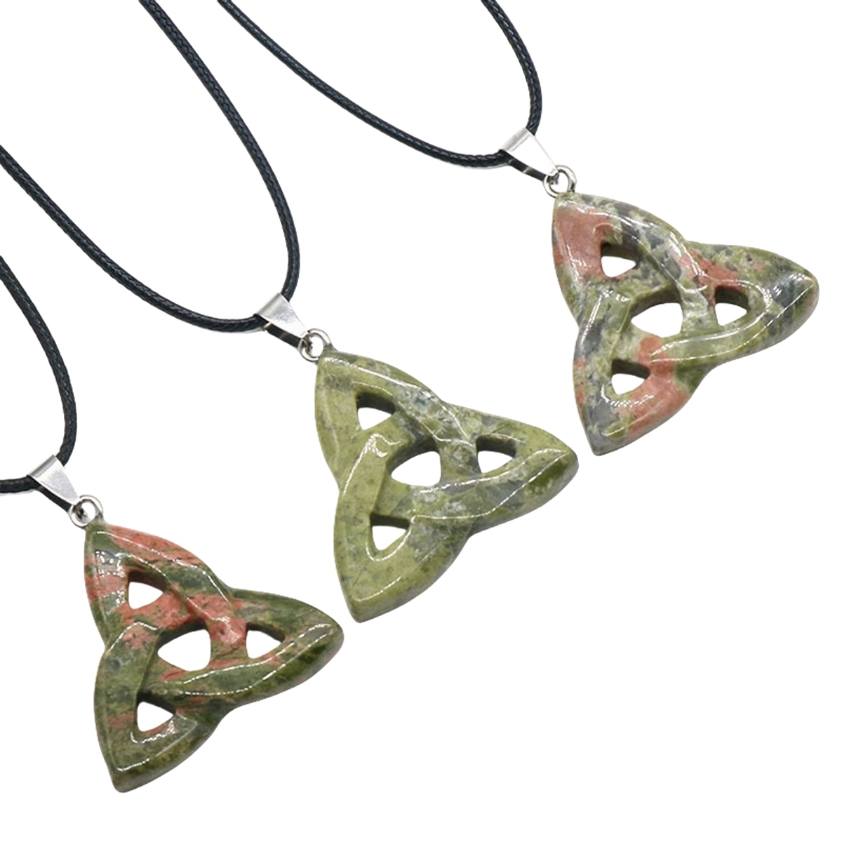 Unakite Jasper Irish Celtic Knot Pendant Handmade Craved 38MM Hollowed Triangle Gemstone Necklace Jewelry Home Decor