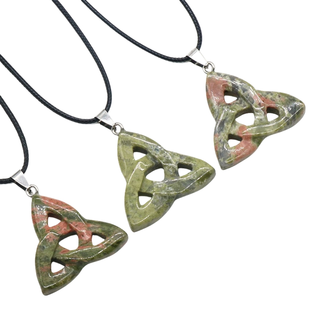 Unakite Jasper Irish Celtic Knot Pendant Handmade Craved 38MM Hollowed Triangle Gemstone Necklace Jewelry Home Decor