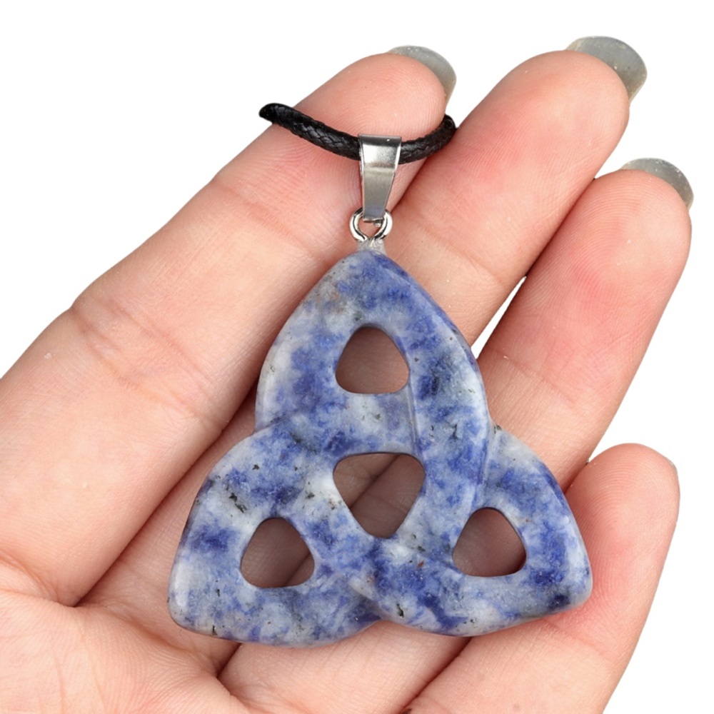 Sodalite Jasper Irish Celtic Knot Pendant Handmade Craved 38MM Hollowed Triangle Gemstone Necklace Jewelry Home Decor