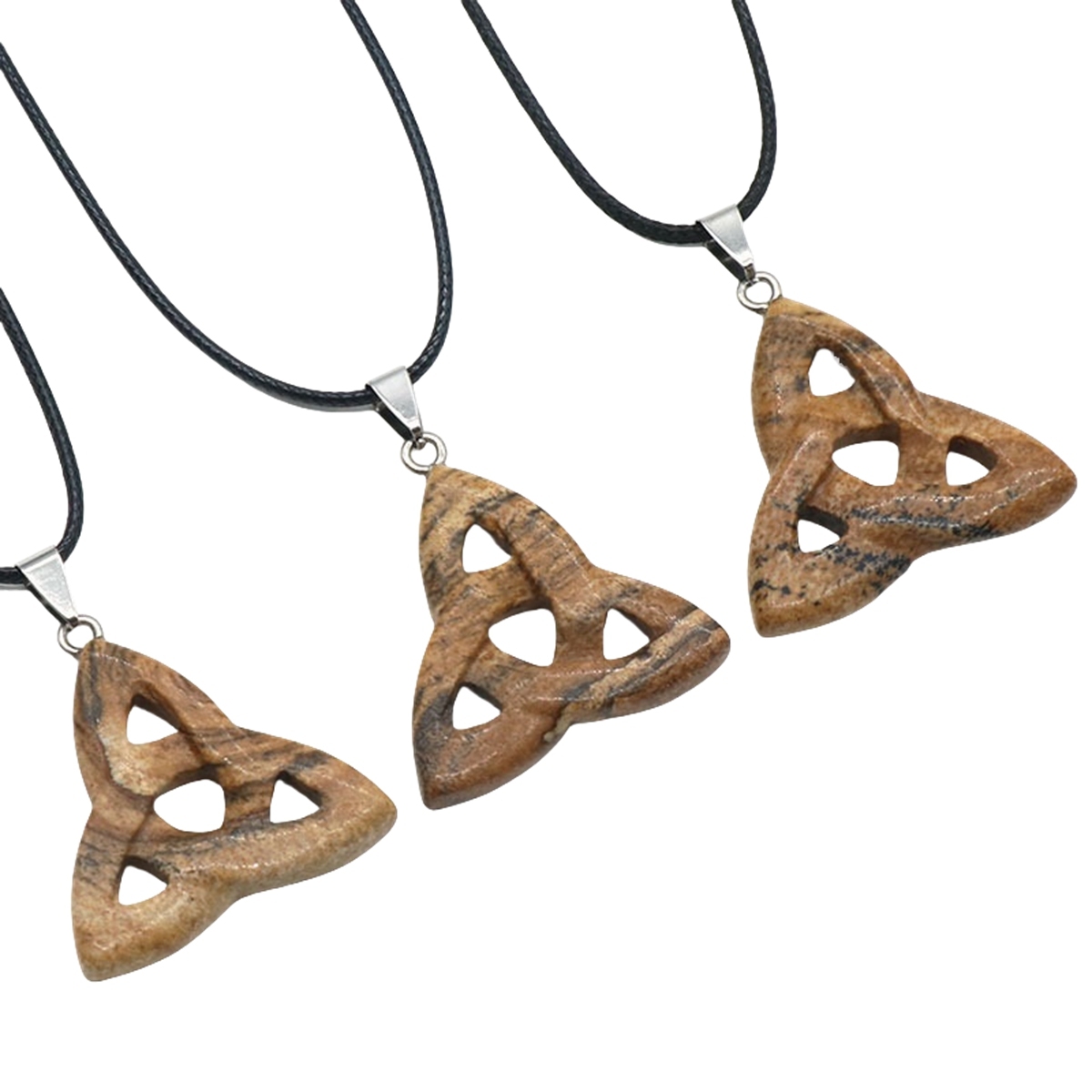 Picture Jasper Irish Celtic Knot Pendant Handmade Craved 38MM Hollowed Triangle Gemstone Necklace Jewelry Home Decor