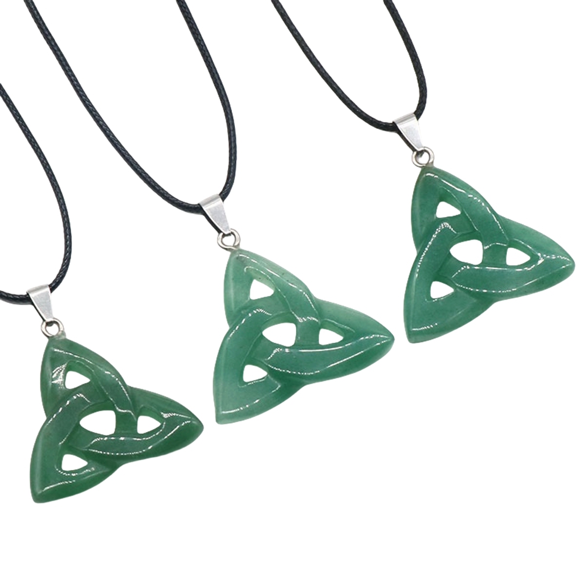 Green Aventurine Irish Celtic Knot Pendant Handmade Craved 38MM Hollowed Triangle Gemstone Necklace Jewelry Home Decor