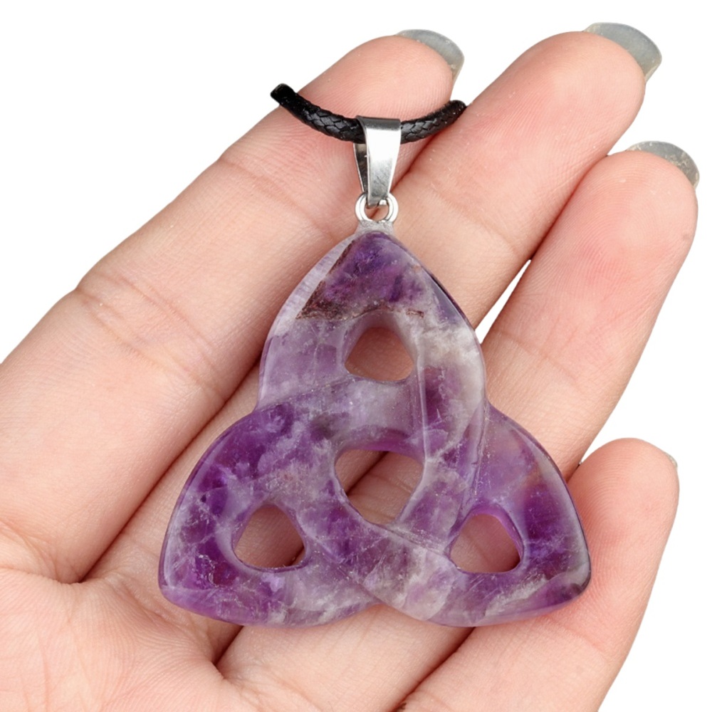 Amethyst Irish Celtic Knot Pendant Handmade Craved 38MM Hollowed Triangle Gemstone Necklace Jewelry Home Decor